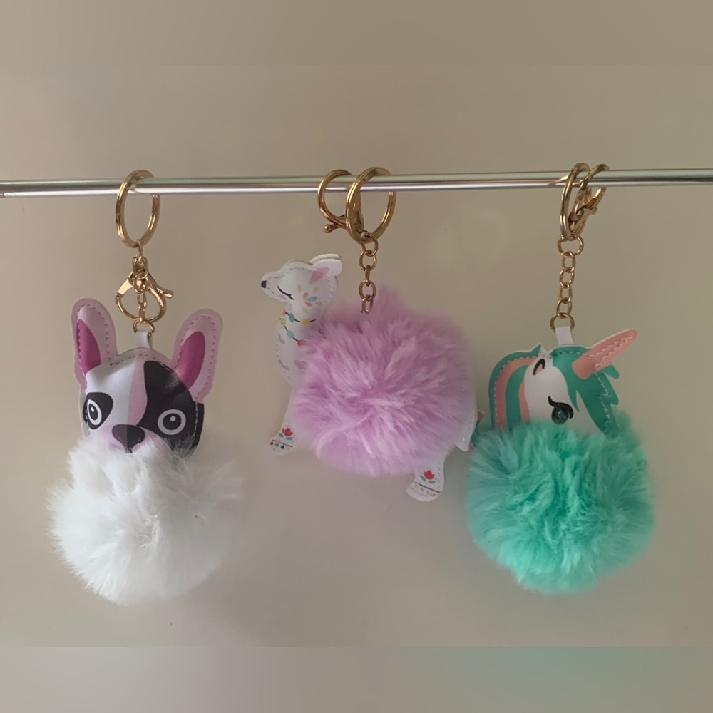 Fluffy Pom Unicorn Alpaca Pendant Key Ring Holder Keychain Bag Decor Set Of 3